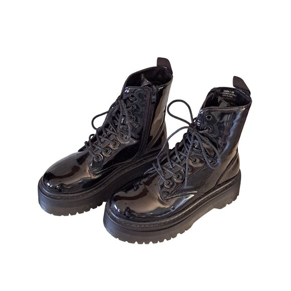 Gothic Platform Combat Patent Lace-Up Platform Boots Black  Womens 7.5 Chunky - Picture 1 of 10